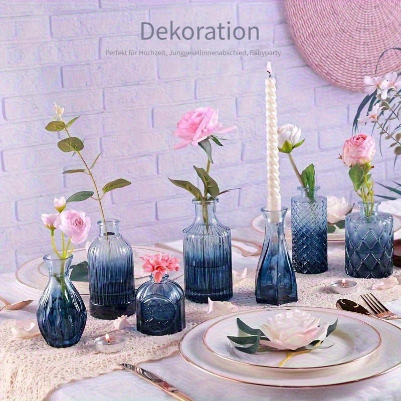 12er-Set Glasvasen mit kleine Vintage-Vasen - verschiedene Farben: Blau, Grün & Rosa für Sommerpartys, Hochzeitsdeko & Tischblumenschmuck - Summer Bloom