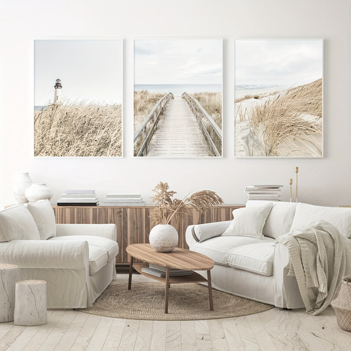 3er-Set mit hübschem Boho Leinwanddruck – Rahmenloses Leinwand-Poster - Mediterrane Küstenmomente mit Leuchtturm, Steg und Dünenlandschaft