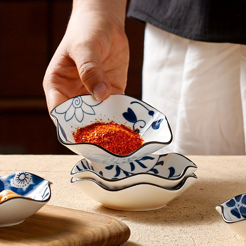 6-teiliges Pflaumenblüten-Keramik-Saucenschalen-Set – Sechseckige Gewürzteller aus Porzellan, Ø 10,5 cm, Blau-weiß im traditionellen Design