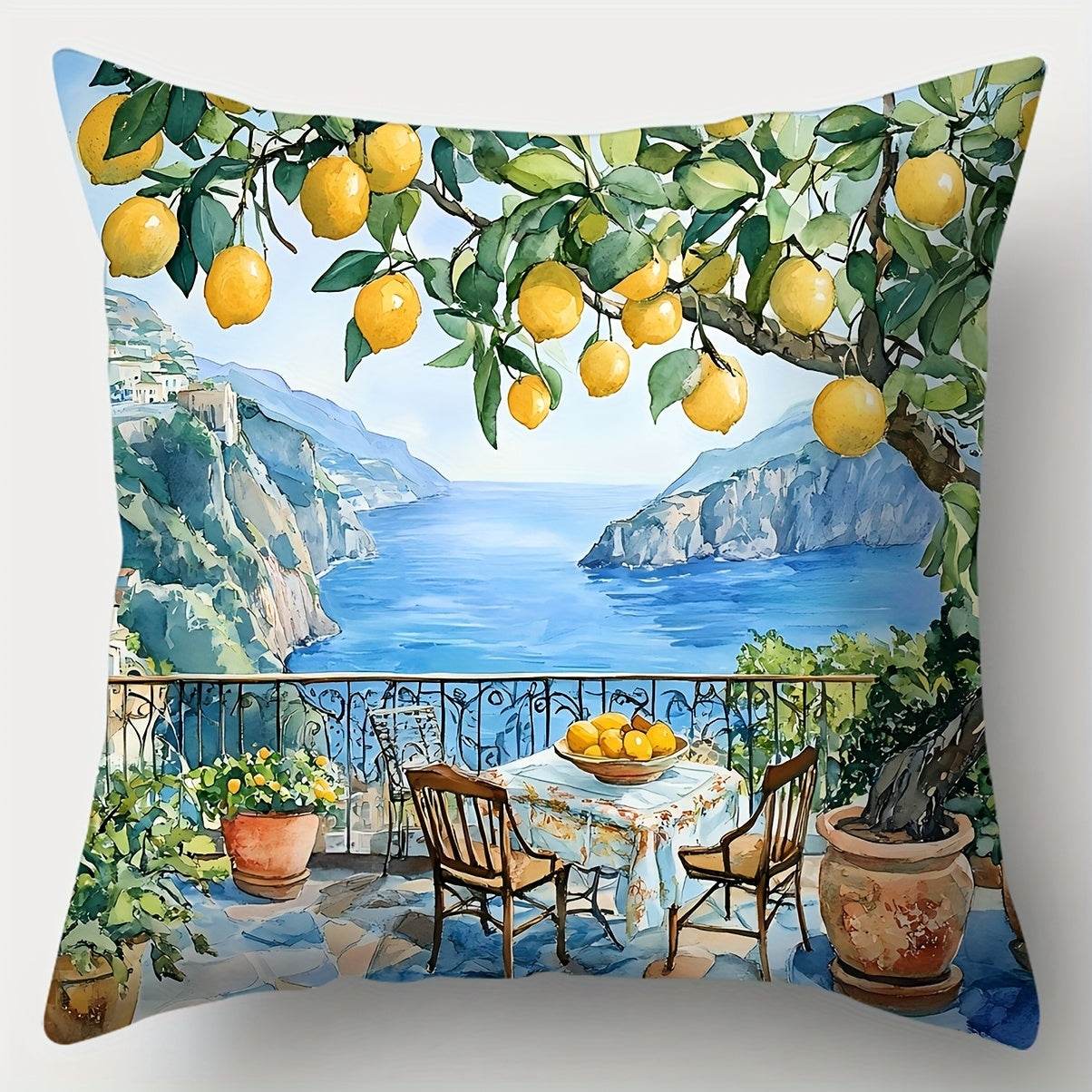 happy-prints.eu - 4er-Set Sofakissenbezug mit Zitronen, italienischem Flair und Meer - aus Polyester und mit Reißverschluss - perfekt für den Sommer - tolles blau und gelb