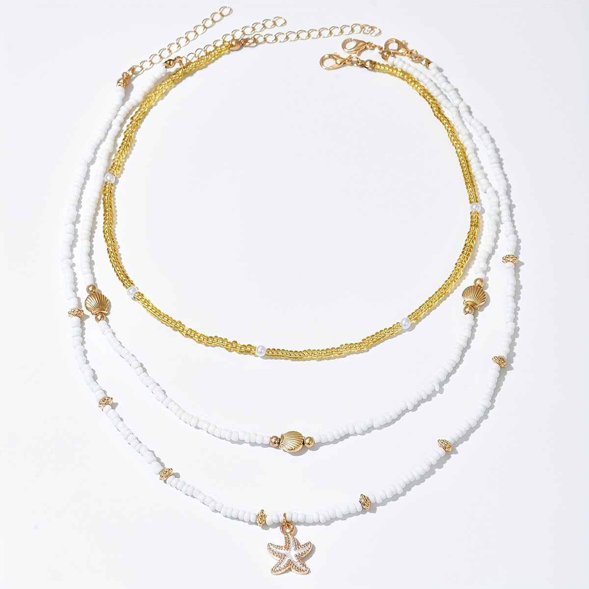 3-teiliges Damen-Halsketten-Set mit Perlen, Muscheln & Seestern in Weiß und Gold – sommerlicher Maritimer Stil für viele schöne Anlässe