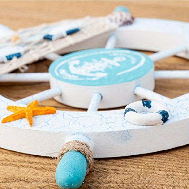 Maritimes Holzdesign Deko Steuerrad mit Fische, Fischernetz, Seesterne & Muscheln - Sommerliche, nautische Deko mit 28cm Durchmesser