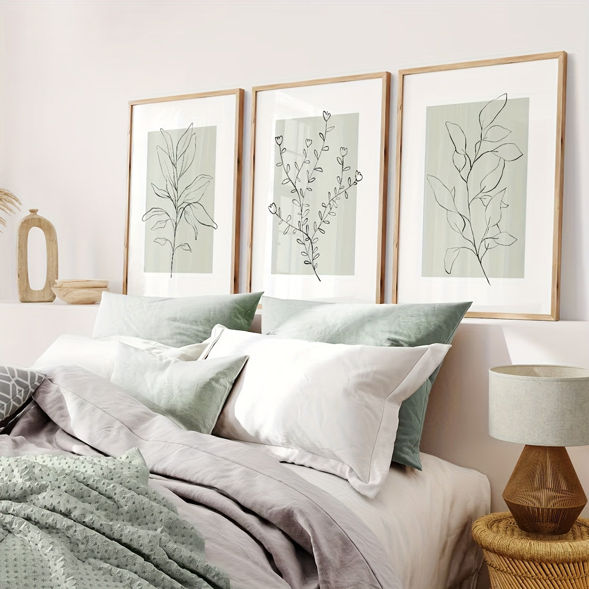 3er-Set Boho Poster mit Blumen auf salbei -Leinwanddruck „Sage Harmony“ – rahmenlose Leinwandkunst mit floralen Linienzeichnungen in Salbeigrün & Weiß