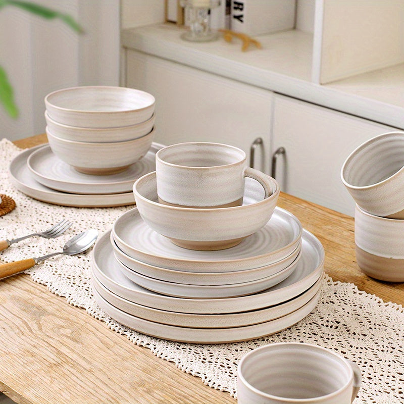 16-teiliges Boho Keramik Geschirr Set - Bohemian Keramik in beige - Boho Style für Deinen Tisch für 4 Personen, sandfarbene Töne für ein tolles mediteranes Essen