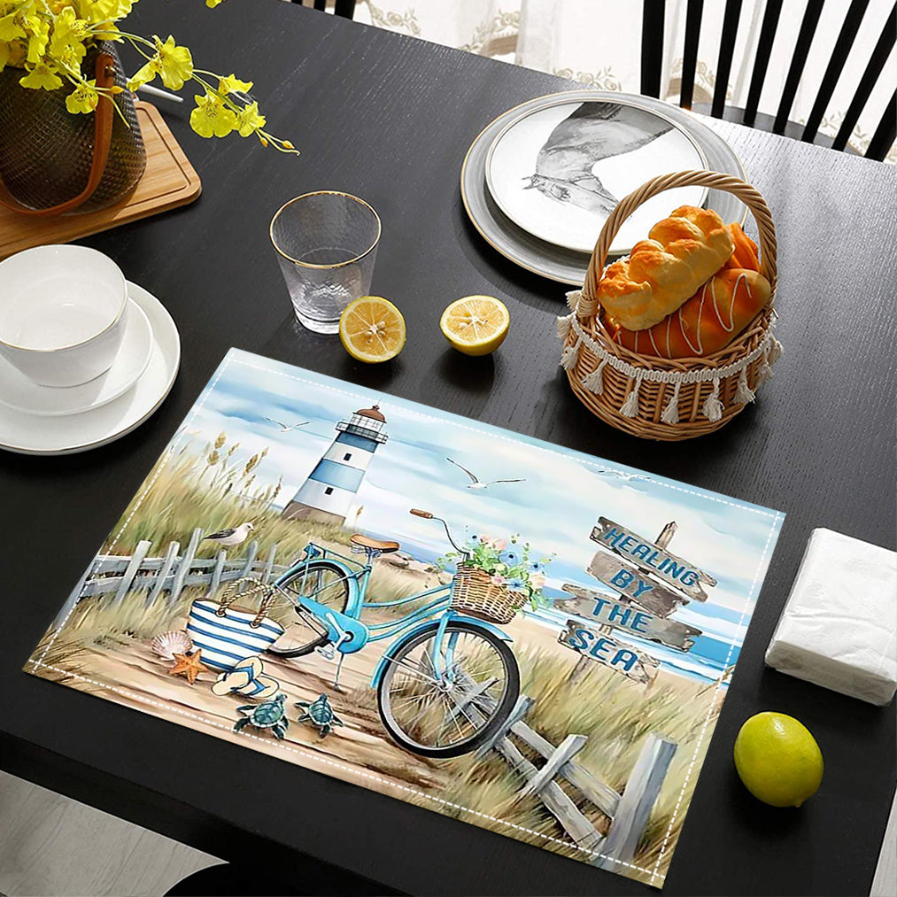 4er-Set Leinen-Tischmatten mit Strand, Leuchtturm und Vintage-Fahrrad - perfekt für den Sommer -