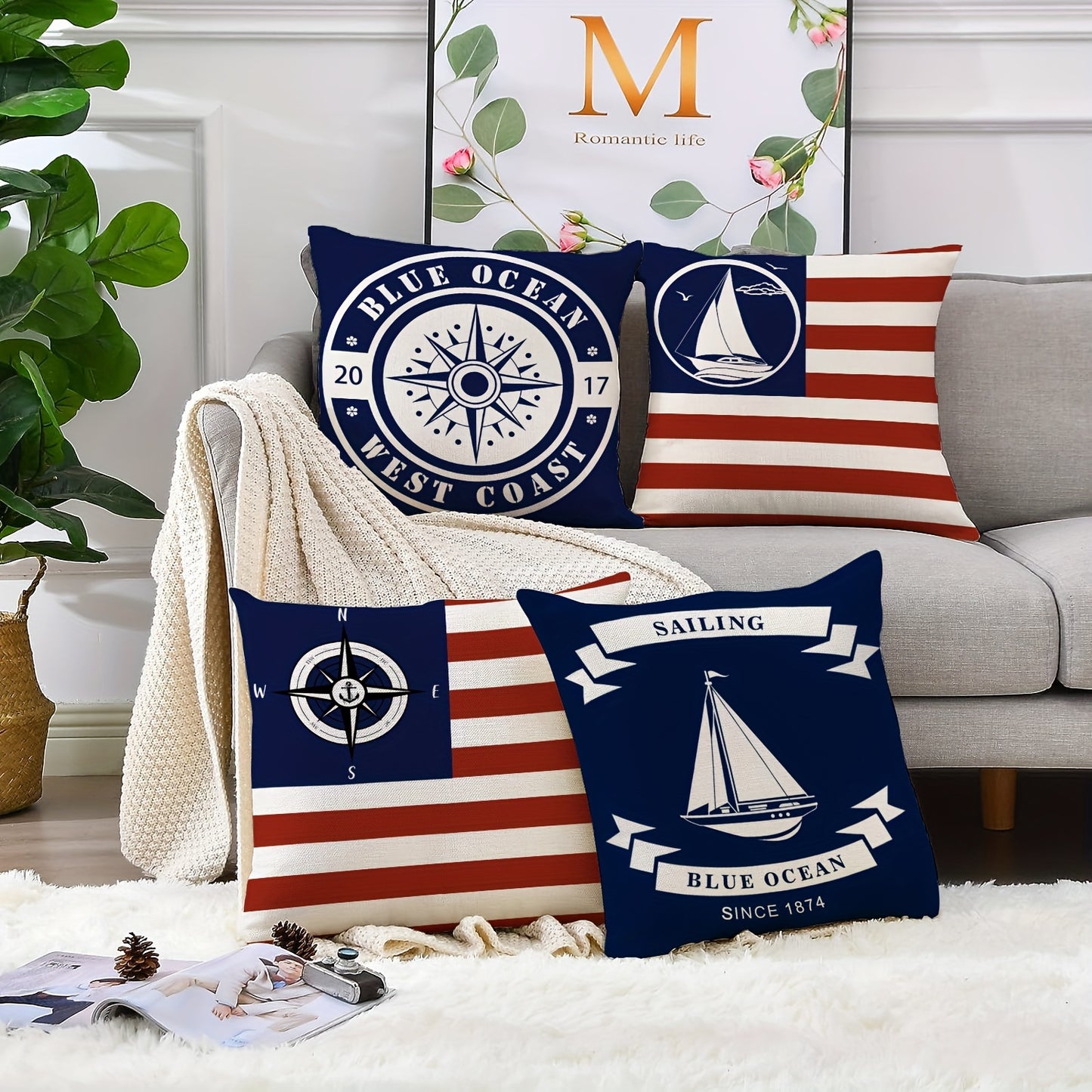 4er-Set nautische Kissenbezüge für maritime Sommerdeko in Blau, Weiß & Rot für Zuhause oder Boot - 45x45 cm - 100 % Polyester