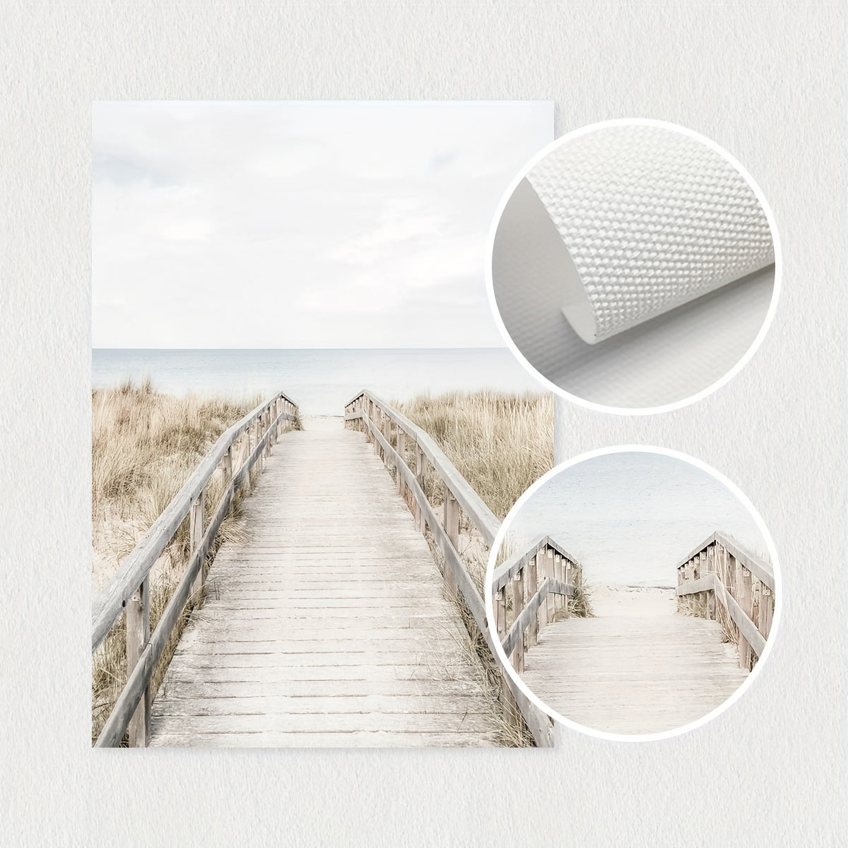 3er-Set mit hübschem Boho Leinwanddruck – Rahmenloses Leinwand-Poster - Mediterrane Küstenmomente mit Leuchtturm, Steg und Dünenlandschaft