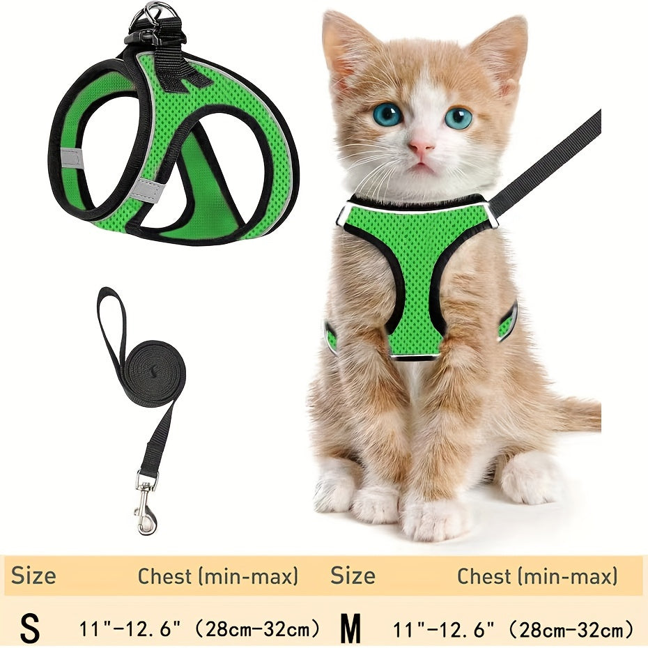 Katzen-Geschirr mit Leine zum Spazierengehen - Reflektierendes, verstellbares Kätzchenwesten-Geschirr - Gras-Grün