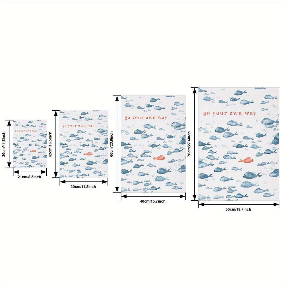 Rahmenloses maritimes Leinwand-Poster mit Fische in Blau, Rot und Weiß - „Geh Deinen eigenen Weg“ – moderner nautischer Leinwand-Posterdruck - in vier Größen