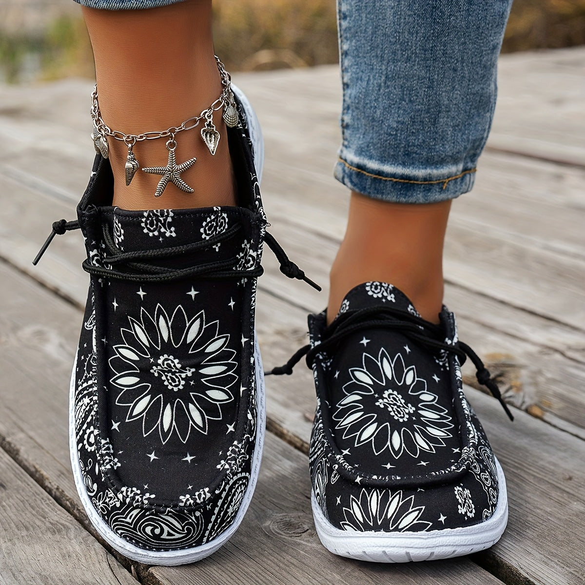Lässige Damen-Loafers – leichte Slip-on-Schuhe mit geometrischem Muster & EVA-Sohle, ideal für alle Jahreszeiten - Schwarz