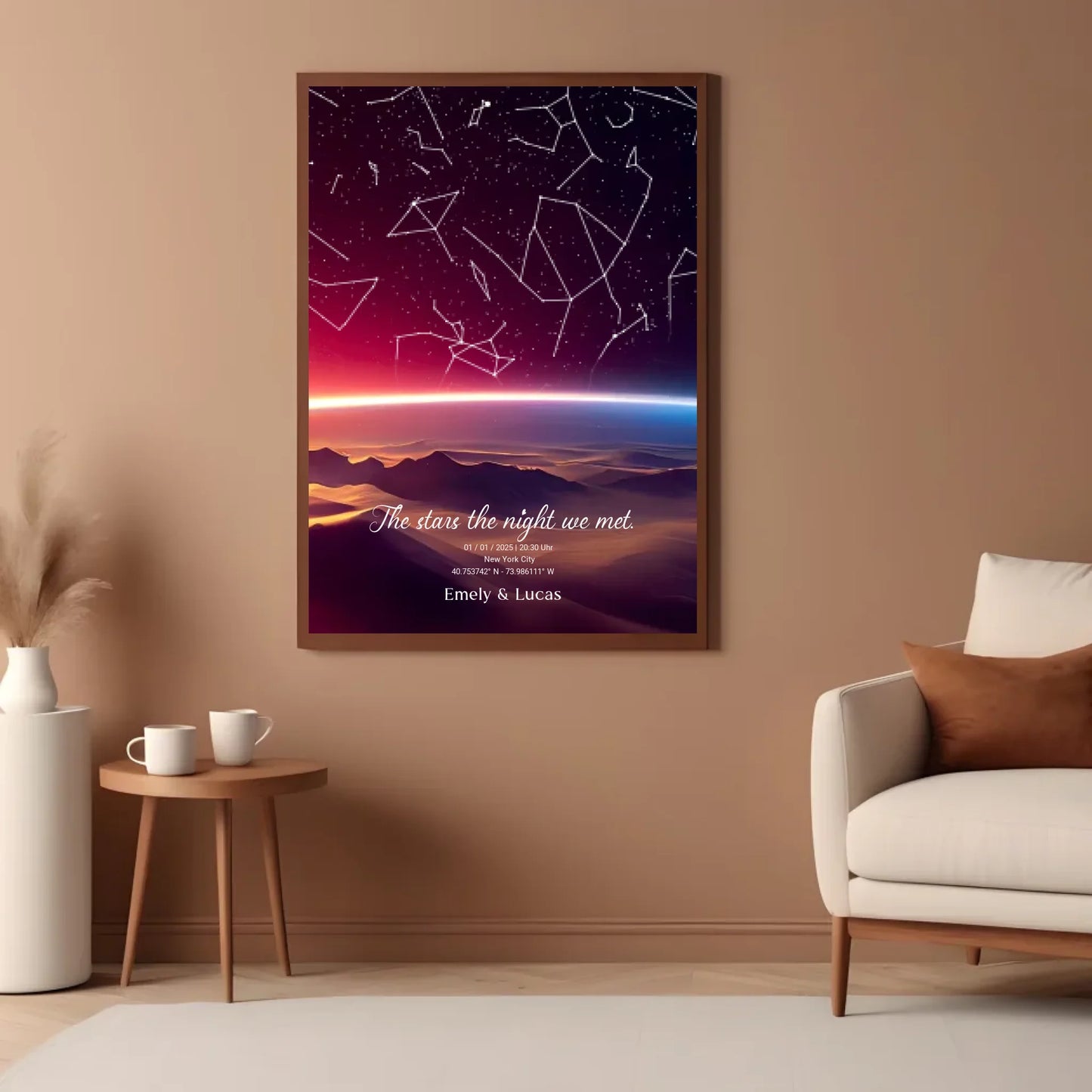 Personalisierte Sternenkarte mit Name, Datum und Ort mit Sonnenstreifen - verschiedene Größen - als Poster oder mit Rahmen -