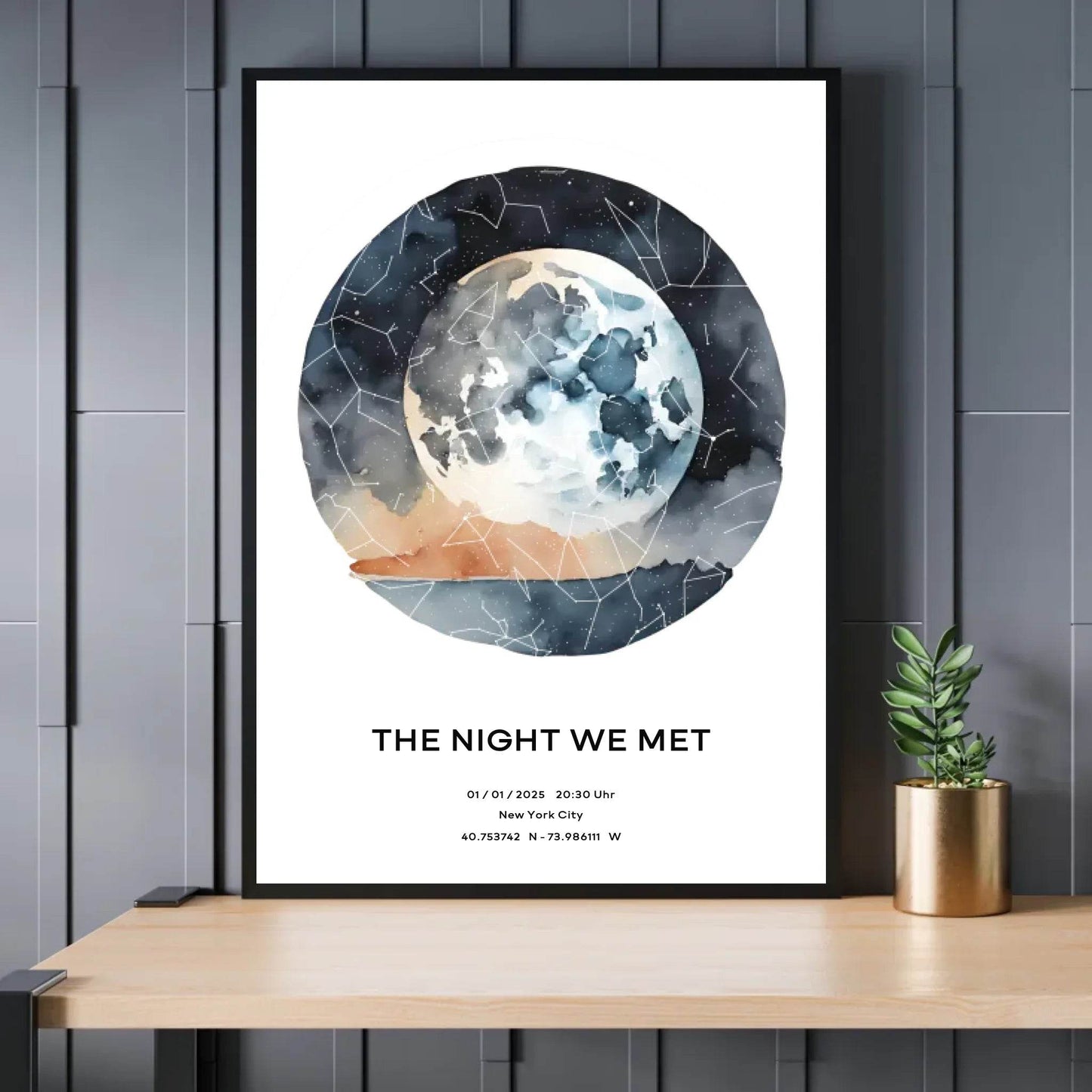 happy-prints.eu - Personalisierte Sternenkarte mit Name, Datum und Ort auf watercolor world - verschiedene Größen - als PDF oder Poster mit oder ohne Rahmen
