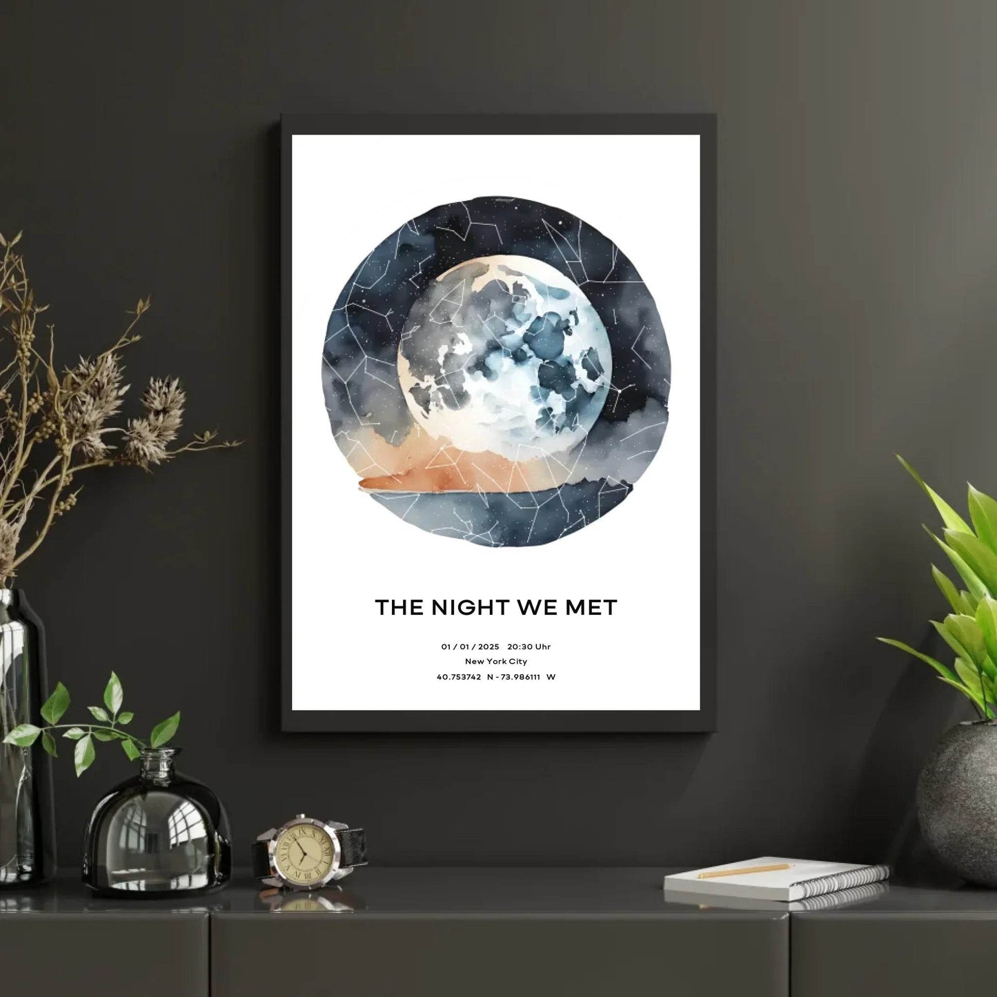 happy-prints.eu - Personalisierte Sternenkarte mit Name, Datum und Ort auf watercolor world - verschiedene Größen - als PDF oder Poster mit oder ohne Rahmen