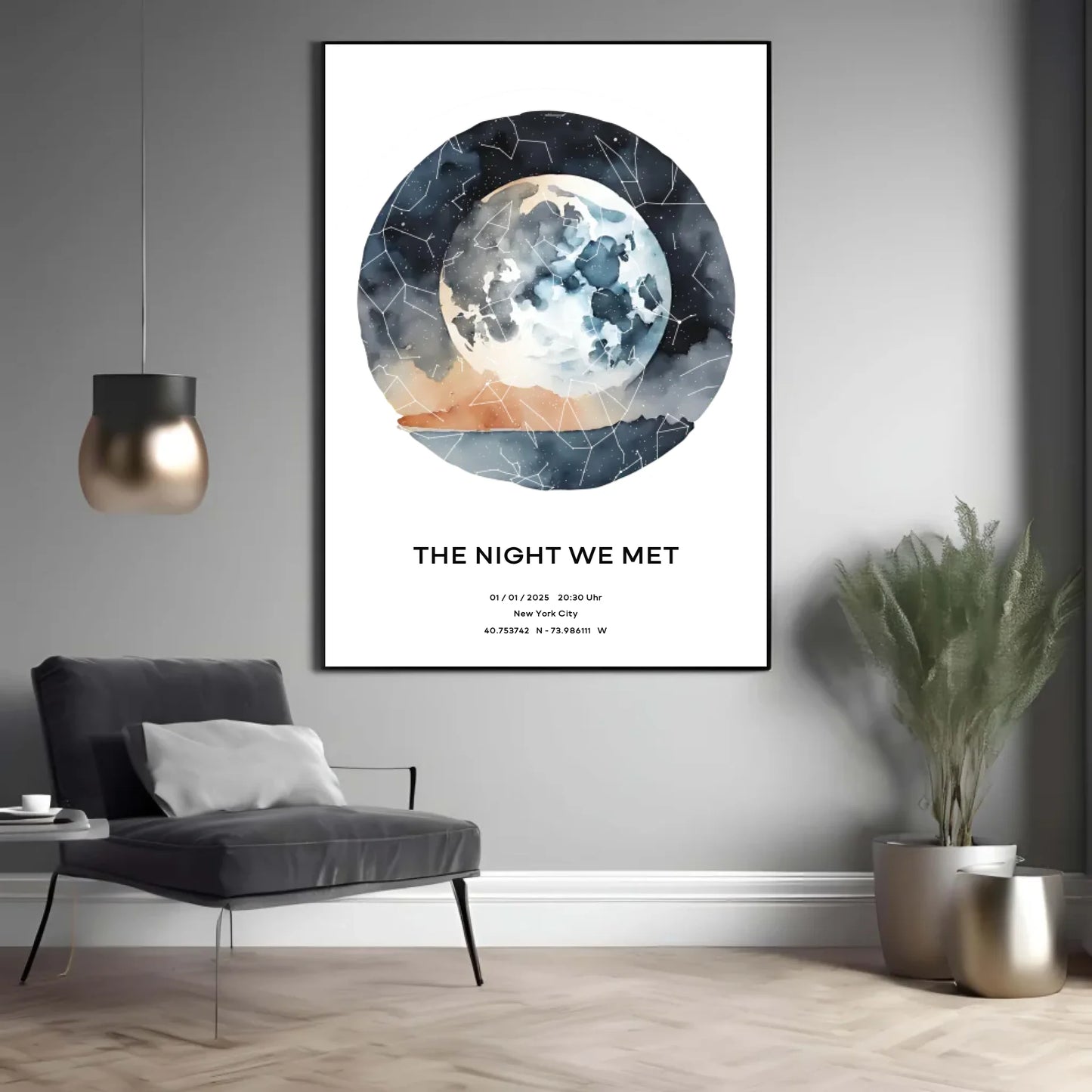 Personalisierte Sternenkarte mit Name, Datum und Ort auf watercolor world - verschiedene Größen - als PDF oder Poster mit oder ohne Rahmen -