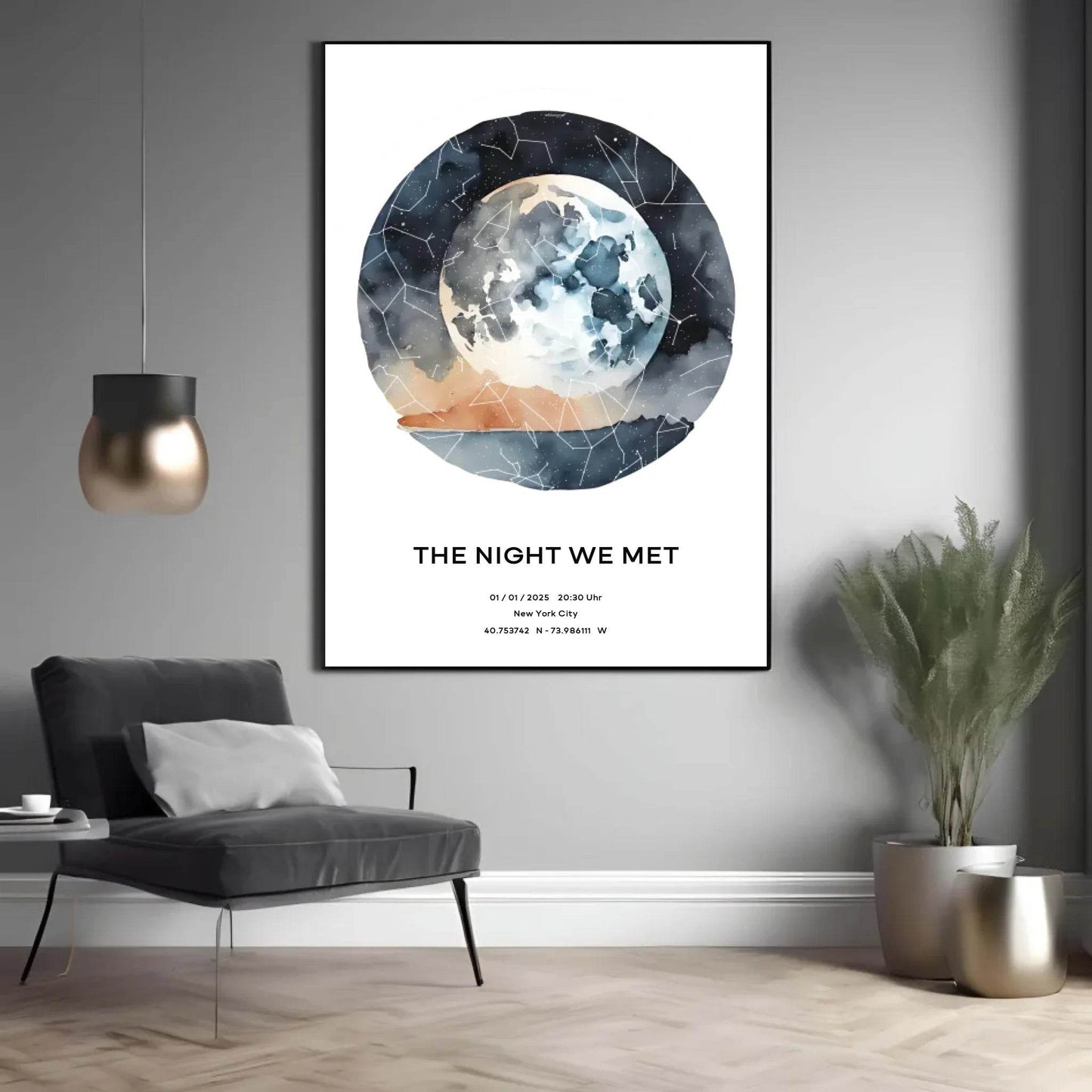 happy-prints.eu - Personalisierte Sternenkarte mit Name, Datum und Ort auf watercolor world - verschiedene Größen - als PDF oder Poster mit oder ohne Rahmen