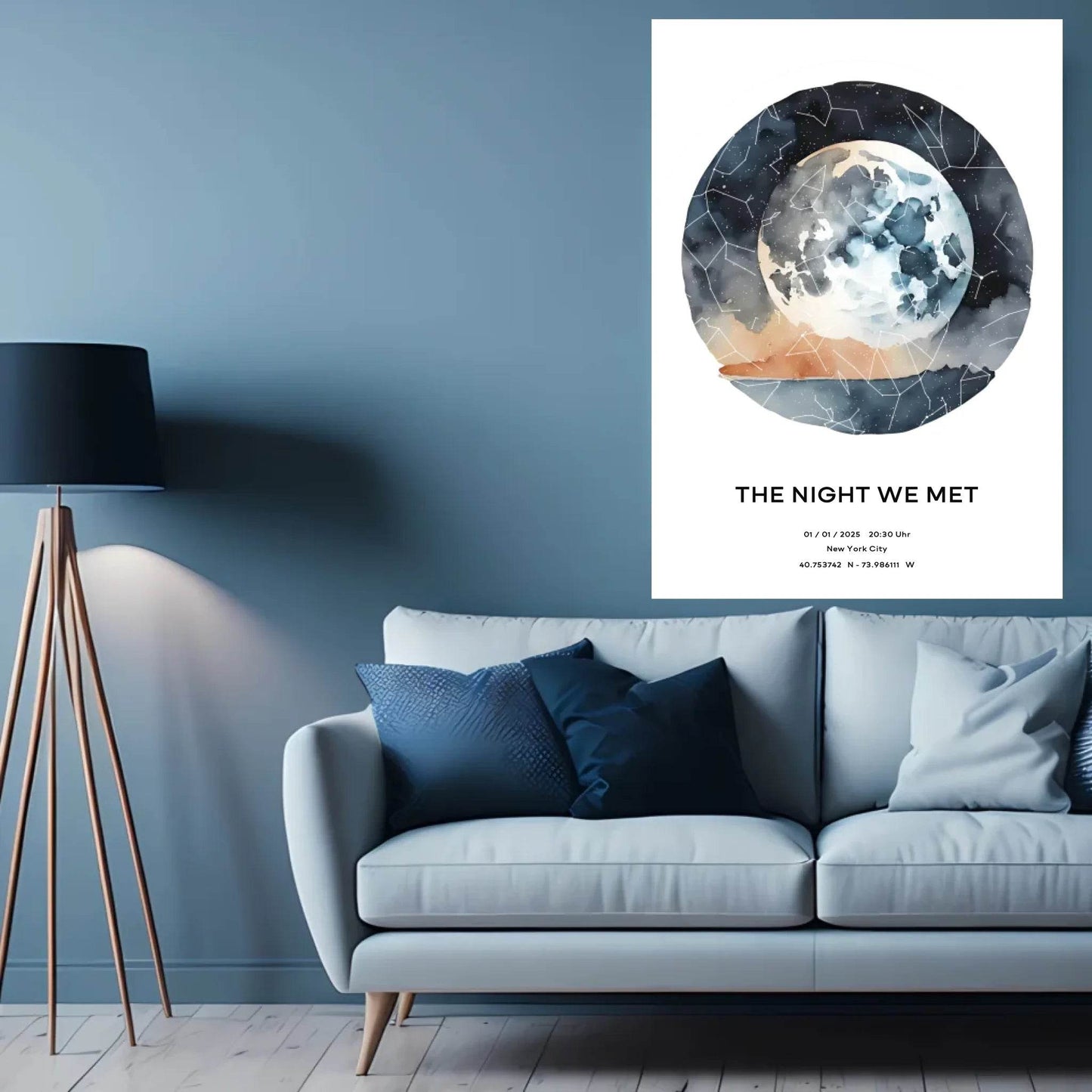 happy-prints.eu - Personalisierte Sternenkarte mit Name, Datum und Ort auf watercolor world - verschiedene Größen - als PDF oder Poster mit oder ohne Rahmen