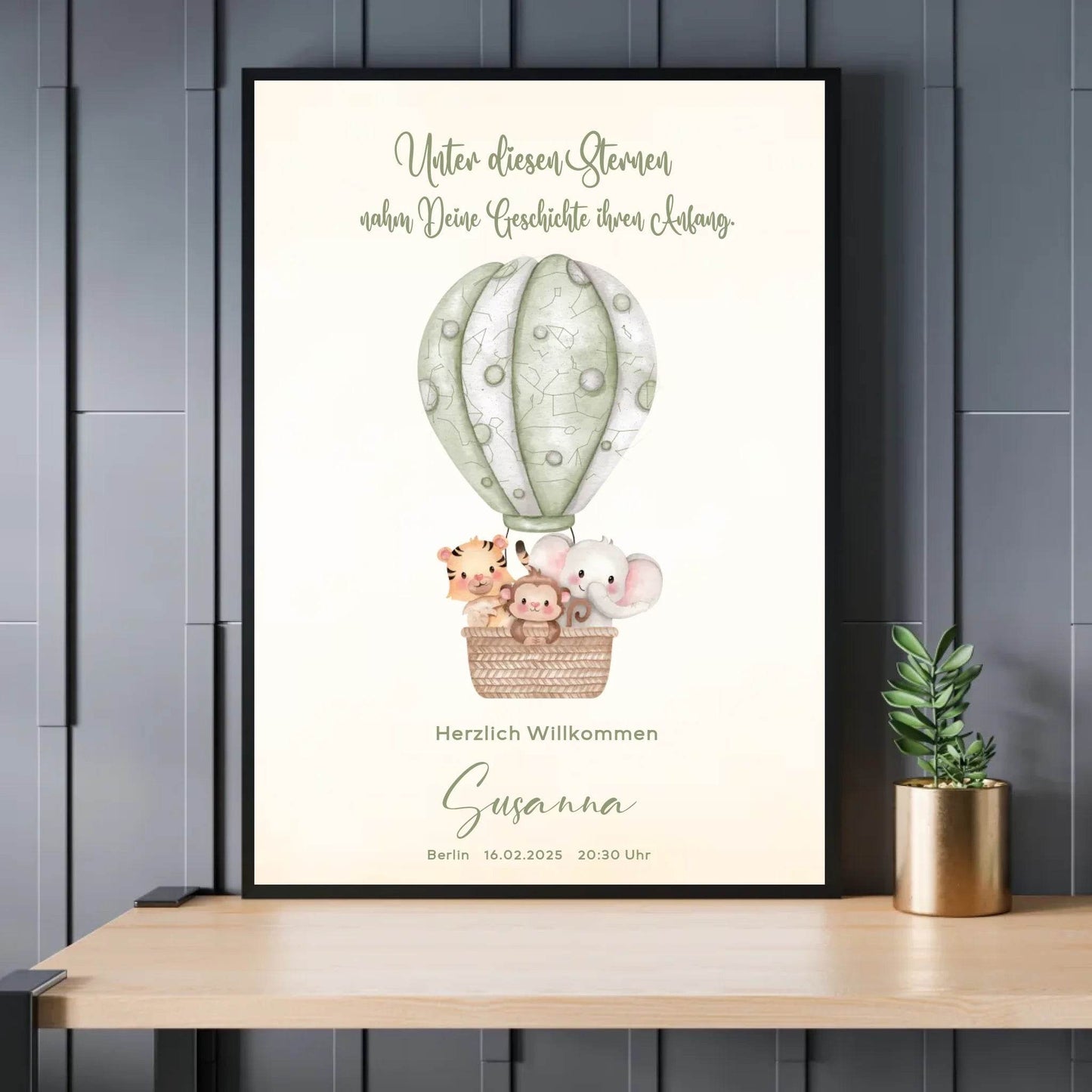 happy-prints.eu - Personalisiertes Sternenbild mit Safari Tiere im grünen Heißluftballon