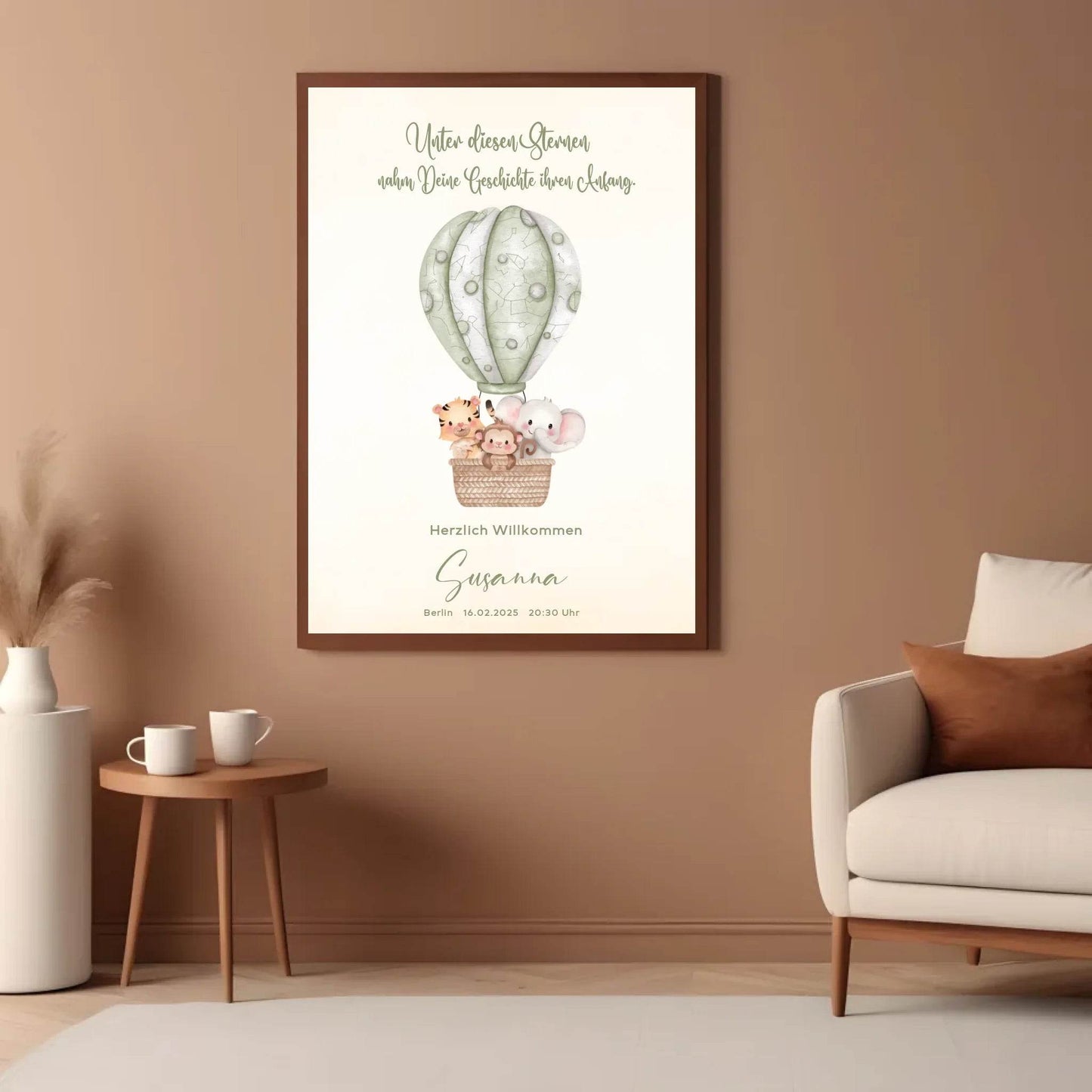 happy-prints.eu - Personalisiertes Sternenbild mit Safari Tiere im grünen Heißluftballon