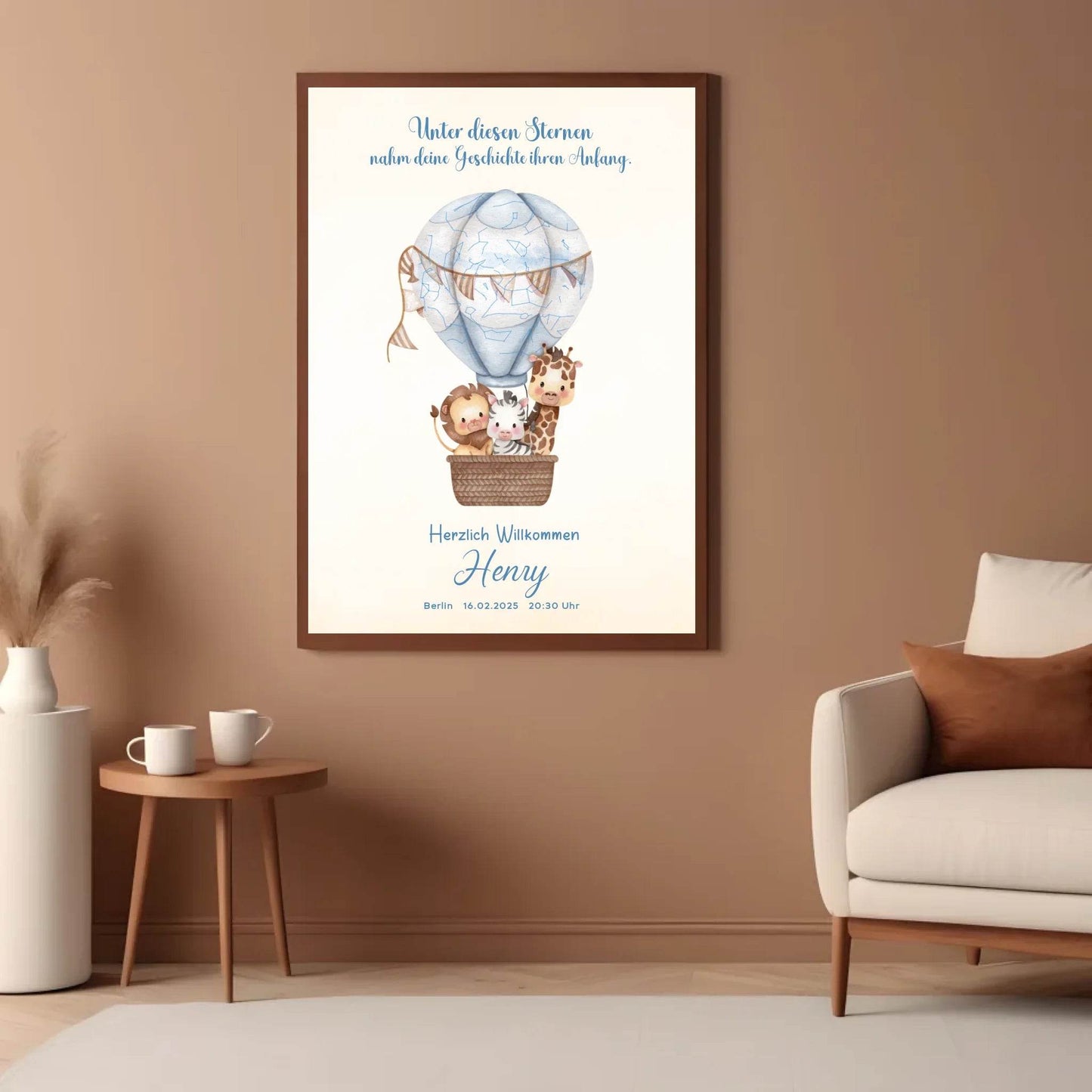 happy-prints.eu - Personalisiertes Sternenbild mit Safari Tiere im Heißluftballon auf beige