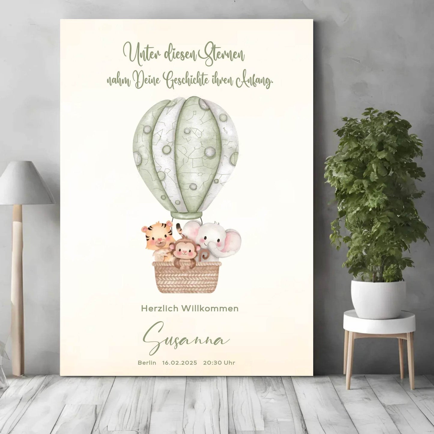 happy-prints.eu - Personalisiertes Sternenbild mit Safari Tiere im grünen Heißluftballon