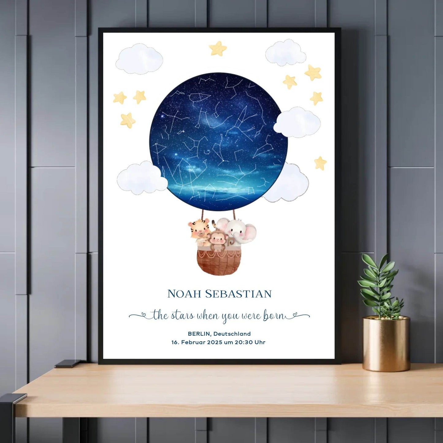 happy-prints.eu - Personalisiertes Sternenbild mit Tiere im Heißluftballon - Geschenk für ein Baby zur Geburt