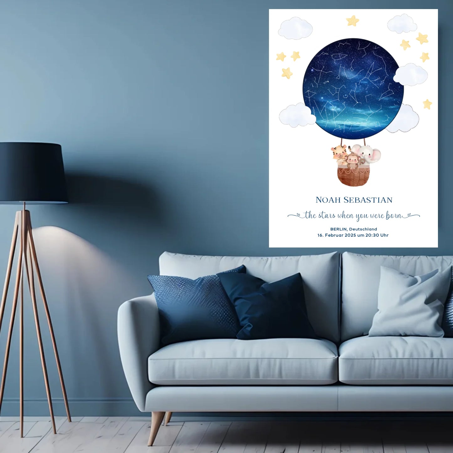 Personalisiertes Sternenbild mit Tiere im Heißluftballon - Geschenk für ein Baby zur Geburt -