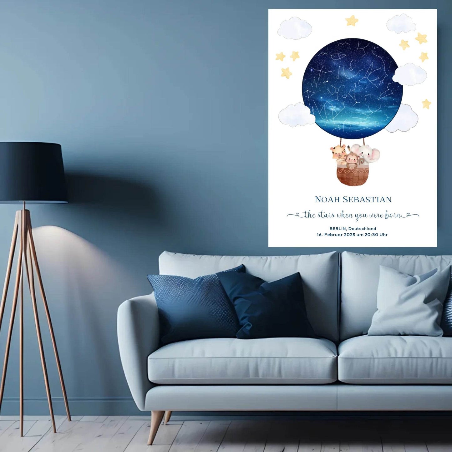 happy-prints.eu - Personalisiertes Sternenbild mit Tiere im Heißluftballon - Geschenk für ein Baby zur Geburt