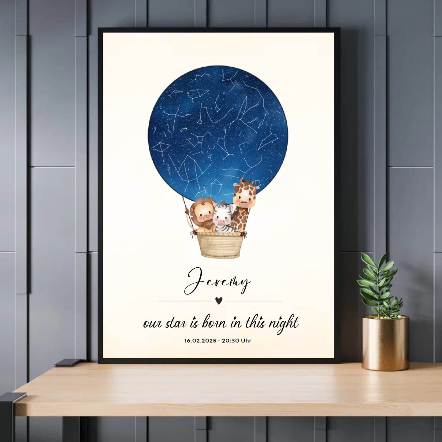 happy-prints.eu - Personalisiertes Sternebild mit Safari Tiere im Heißluftballon auf blau