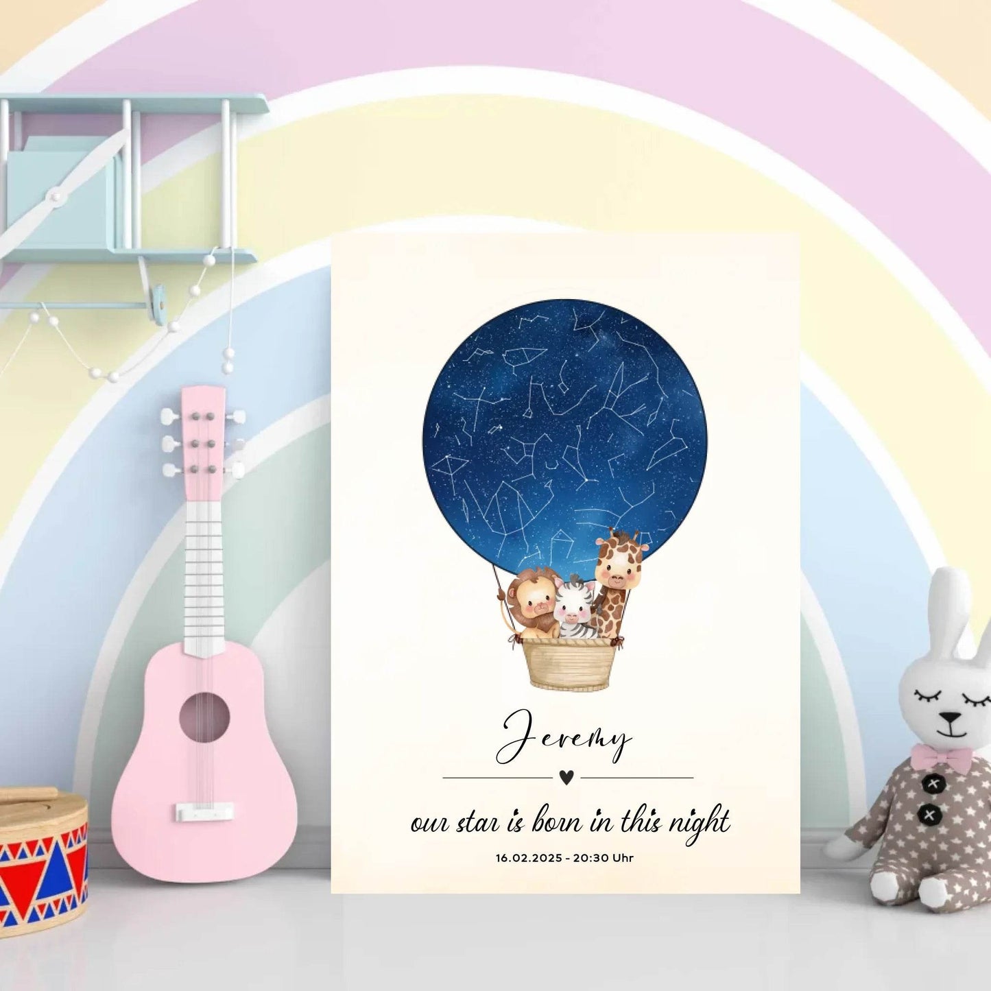happy-prints.eu - Personalisiertes Sternebild mit Safari Tiere im Heißluftballon auf blau