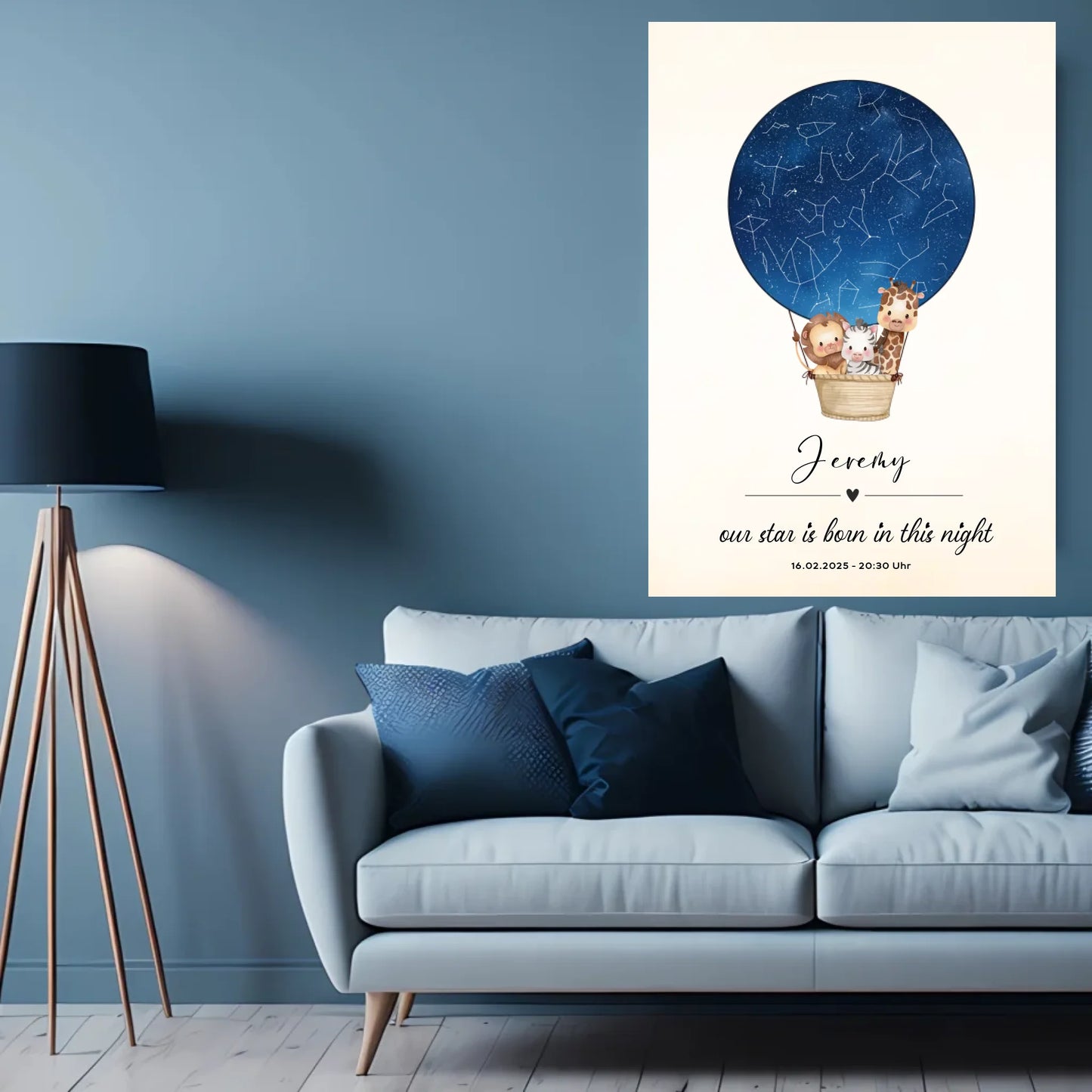 Personalisiertes Sternebild mit Safari Tiere im Heißluftballon auf blau - Personalisierte Karte als digitale Datei PDF Druckerpapier