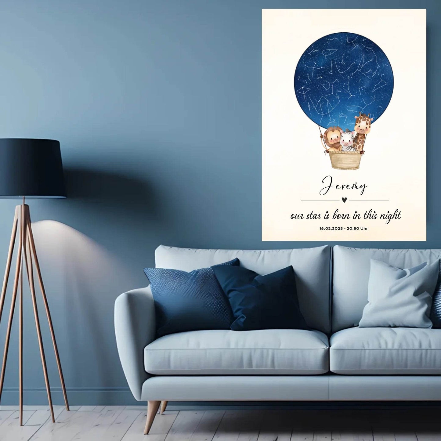 happy-prints.eu - Personalisiertes Sternebild mit Safari Tiere im Heißluftballon auf blau