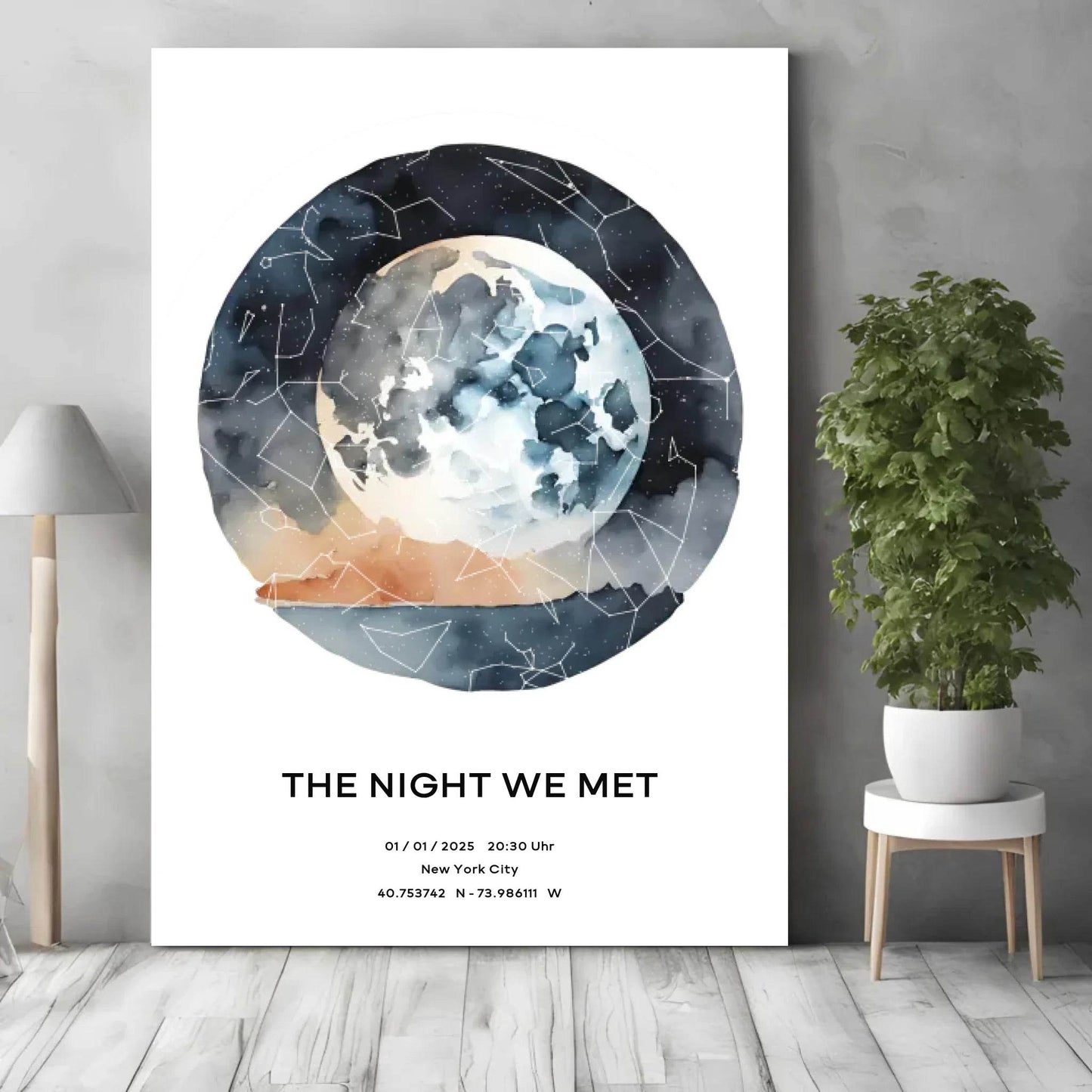 happy-prints.eu - Personalisierte Sternenkarte mit Name, Datum und Ort auf watercolor world - verschiedene Größen - als PDF oder Poster mit oder ohne Rahmen