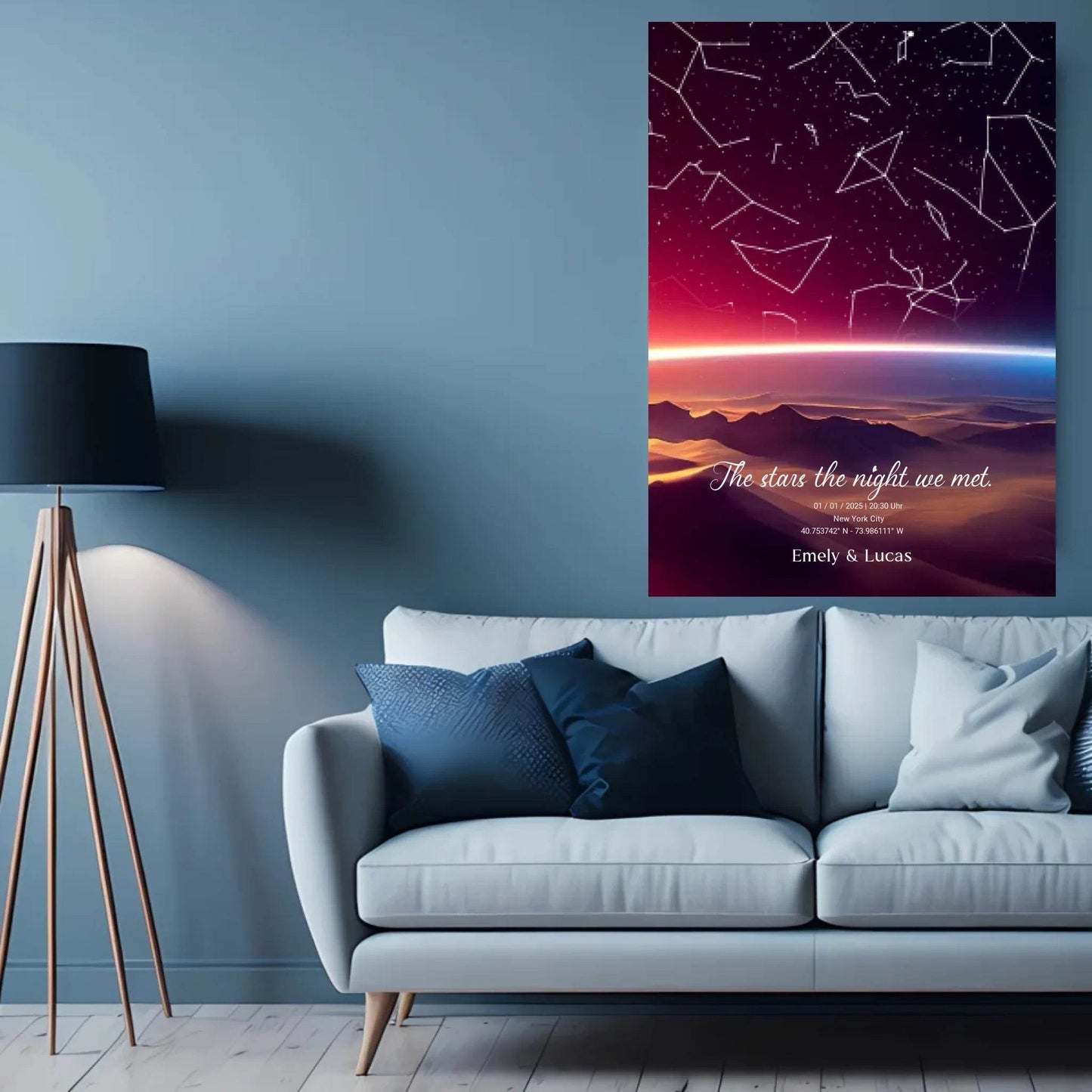 happy-prints.eu - Personalisierte Sternenkarte mit Name, Datum und Ort mit Sonnenstreifen - verschiedene Größen - als Poster oder mit Rahmen