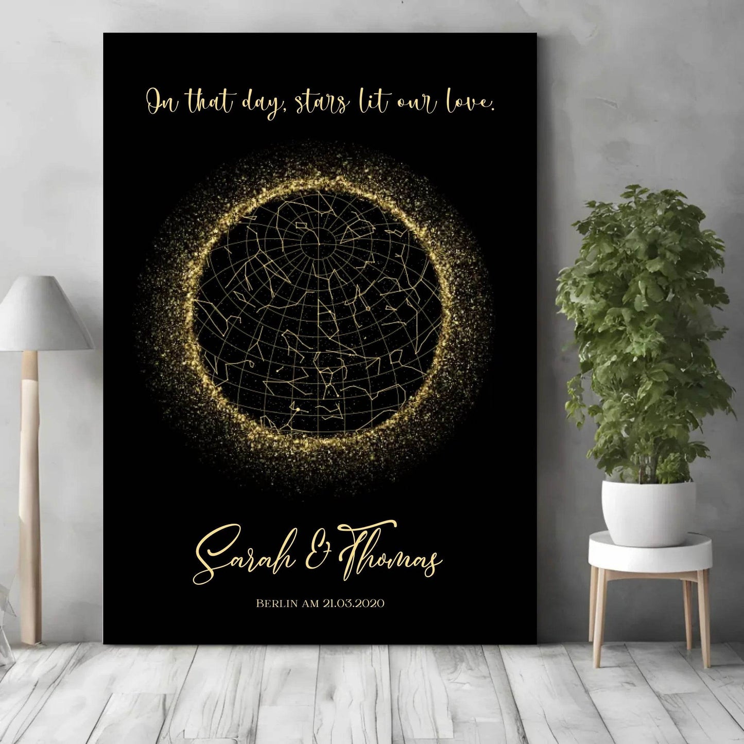 happy-prints.eu - Personalisierte Sternenkarte in gold schwarz - An diesem Tag erleuchteten Sterne unsere Liebe.