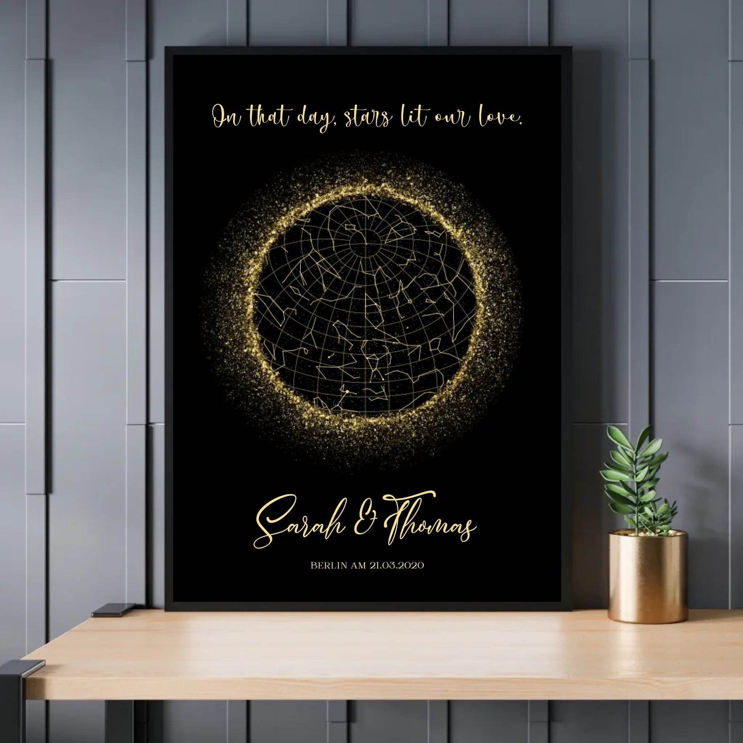 happy-prints.eu - Personalisierte Sternenkarte in gold schwarz - An diesem Tag erleuchteten Sterne unsere Liebe.