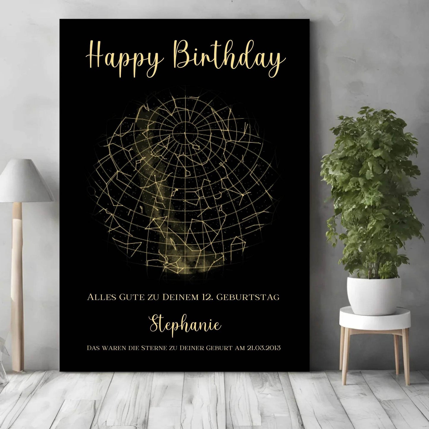 happy-prints.eu - Personalisierte Sternenkarte zum Geburtstag - mit goldene Sterne in der Nacht auf schwarz