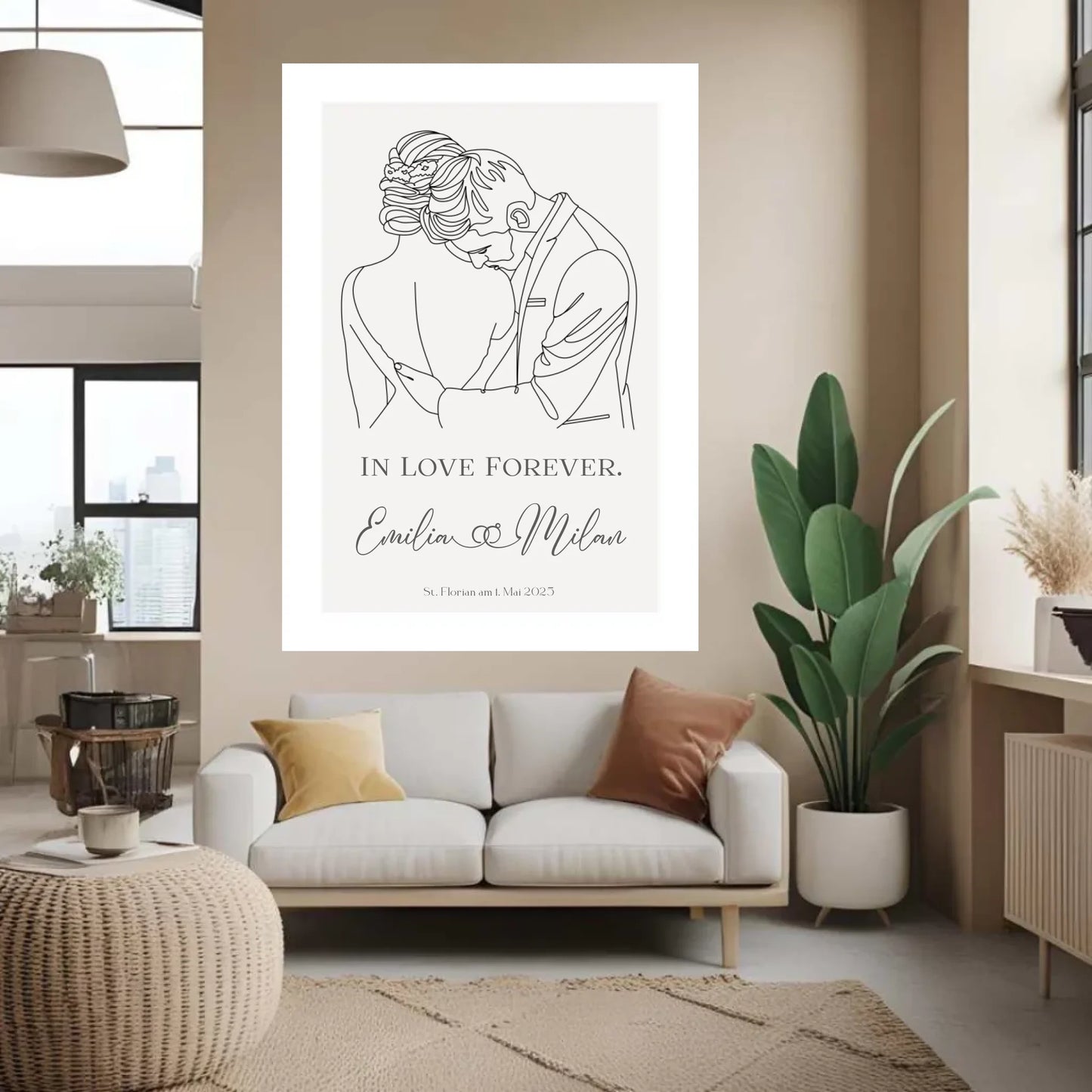Personalisiertes Poster mit Brautleute - Individuelles Geschenk zur Hochzeit mit Spruch, Namen, Datum und Ort -
