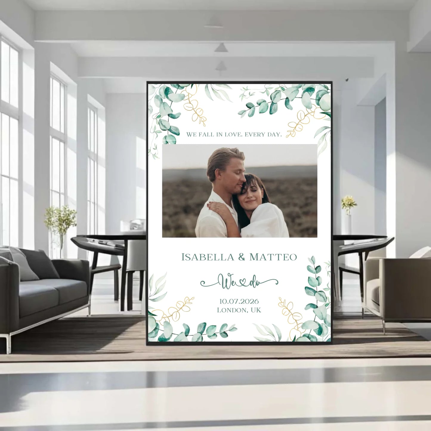 Personalisiertes Poster zur Hochzeit - We fall in love. Every day - mit eigenem Bild und persönlichen Daten -