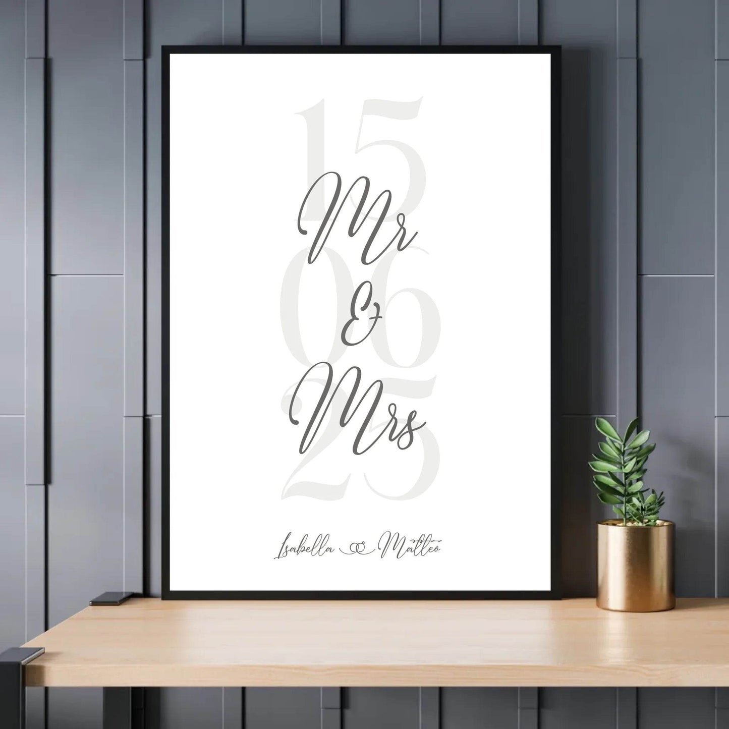 happy-prints.eu - Personalisiertes Bild zur Hochzeit - mit Namen, Datum und Eheringe mit grau beige