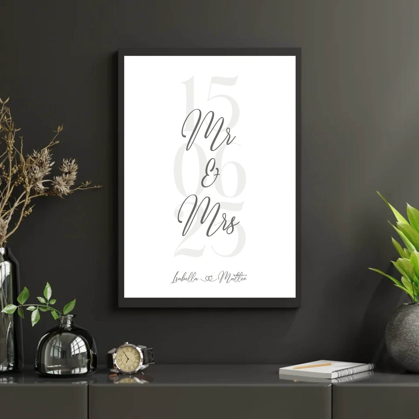 happy-prints.eu - Personalisiertes Bild zur Hochzeit - mit Namen, Datum und Eheringe mit grau beige