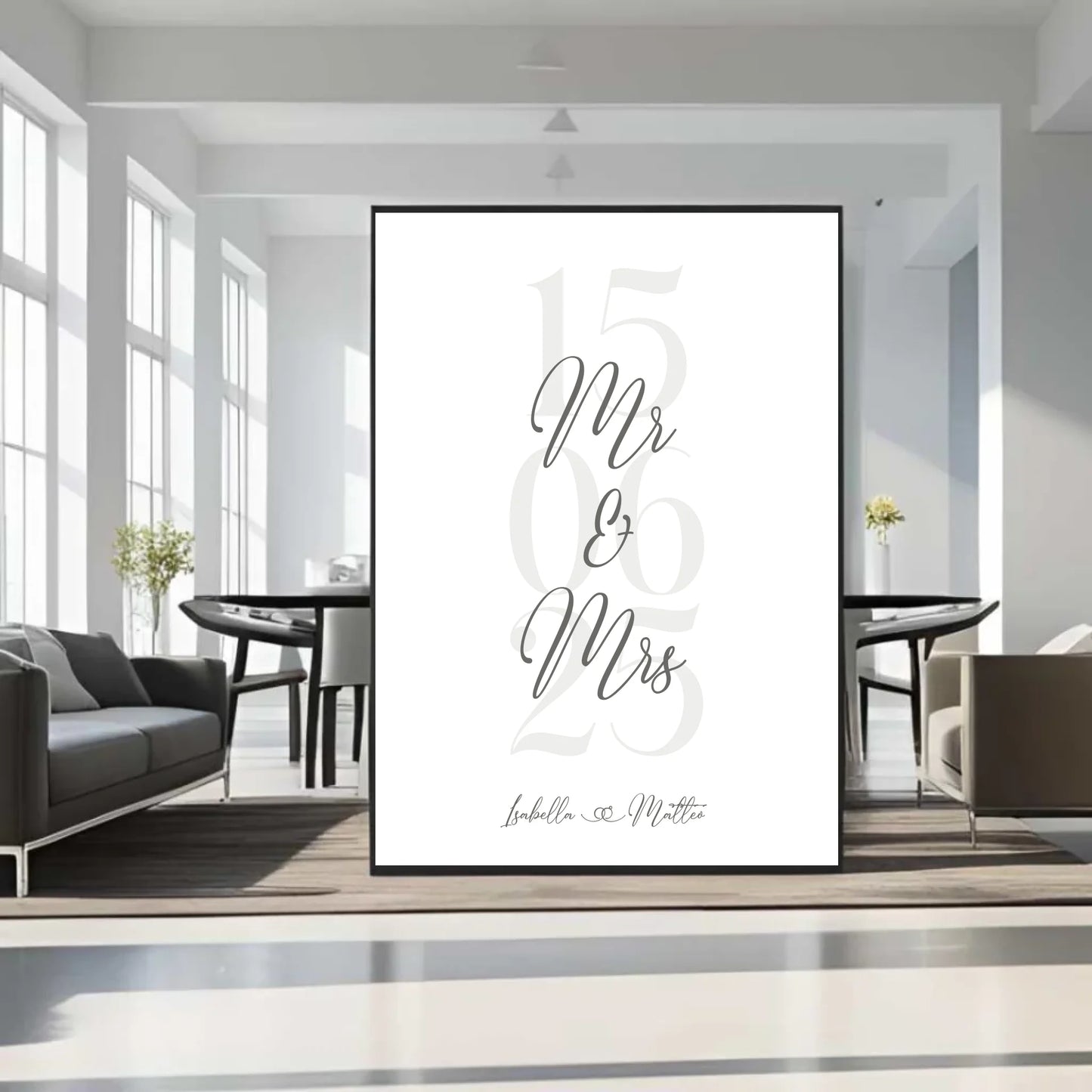 Personalisiertes Bild zur Hochzeit - mit Namen, Datum und Eheringe mit grau beige -