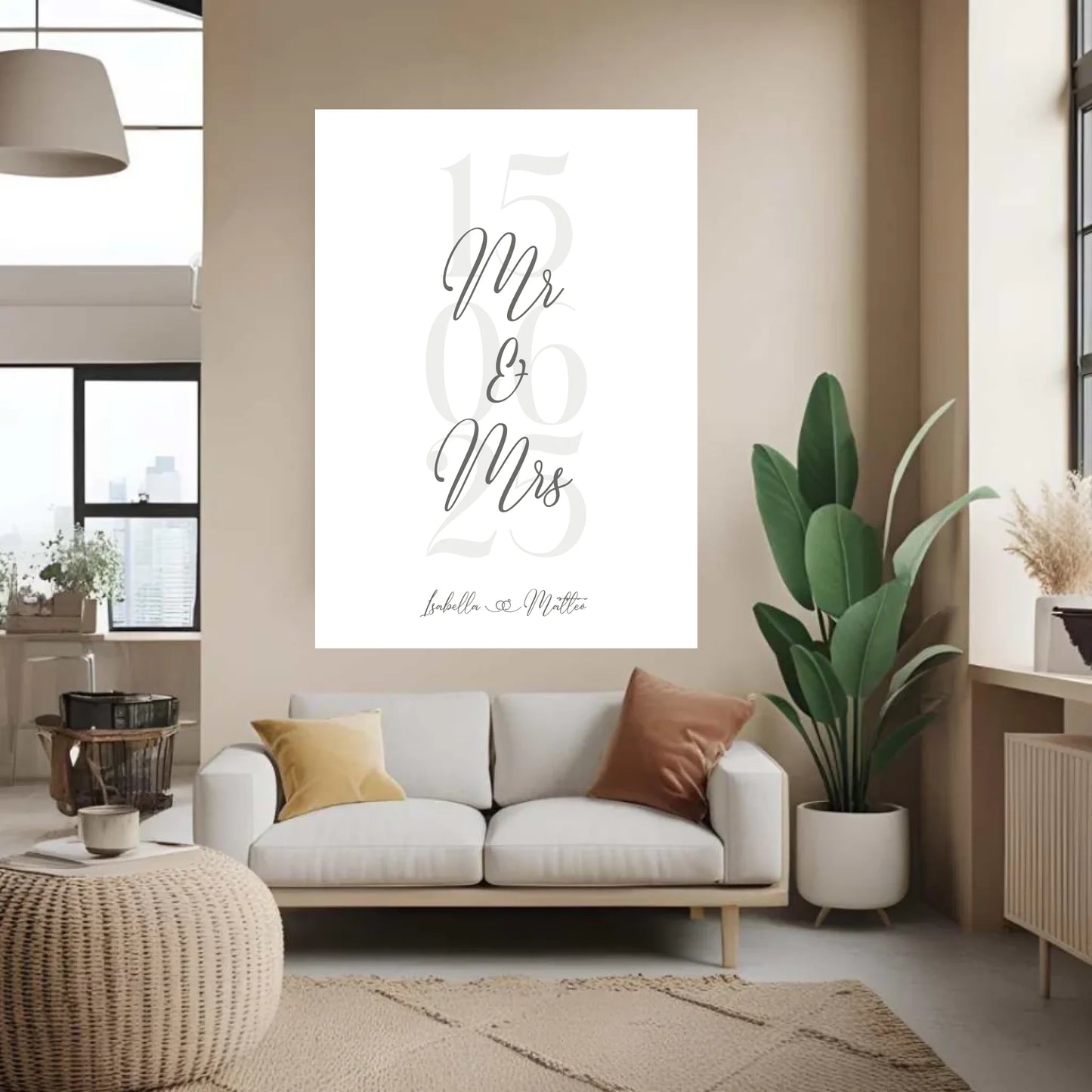 Personalisiertes Bild zur Hochzeit - mit Namen, Datum und Eheringe mit grau beige - Personalisierte Karte als digitale Datei PDF Druckerpapier