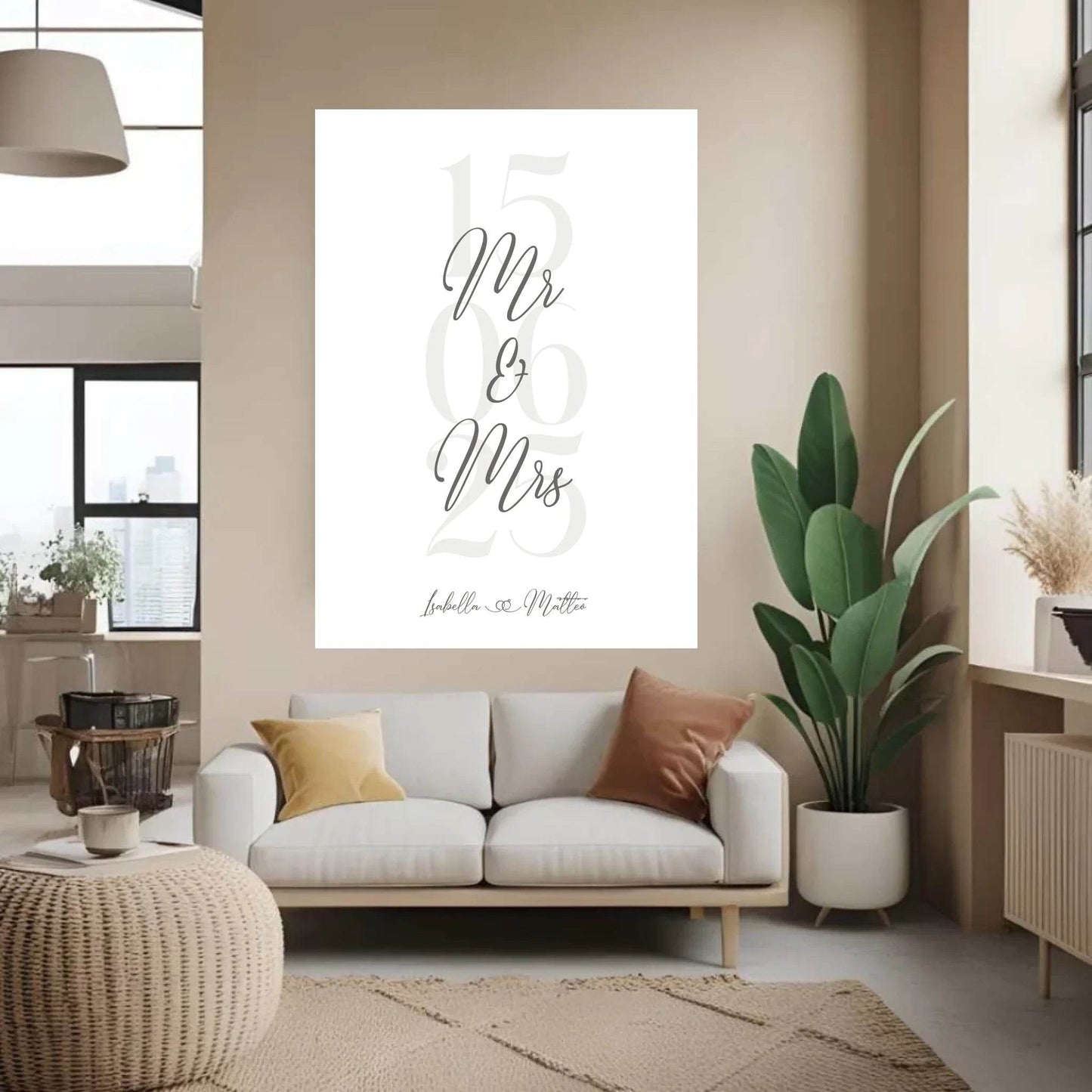happy-prints.eu - Personalisiertes Bild zur Hochzeit - mit Namen, Datum und Eheringe mit grau beige