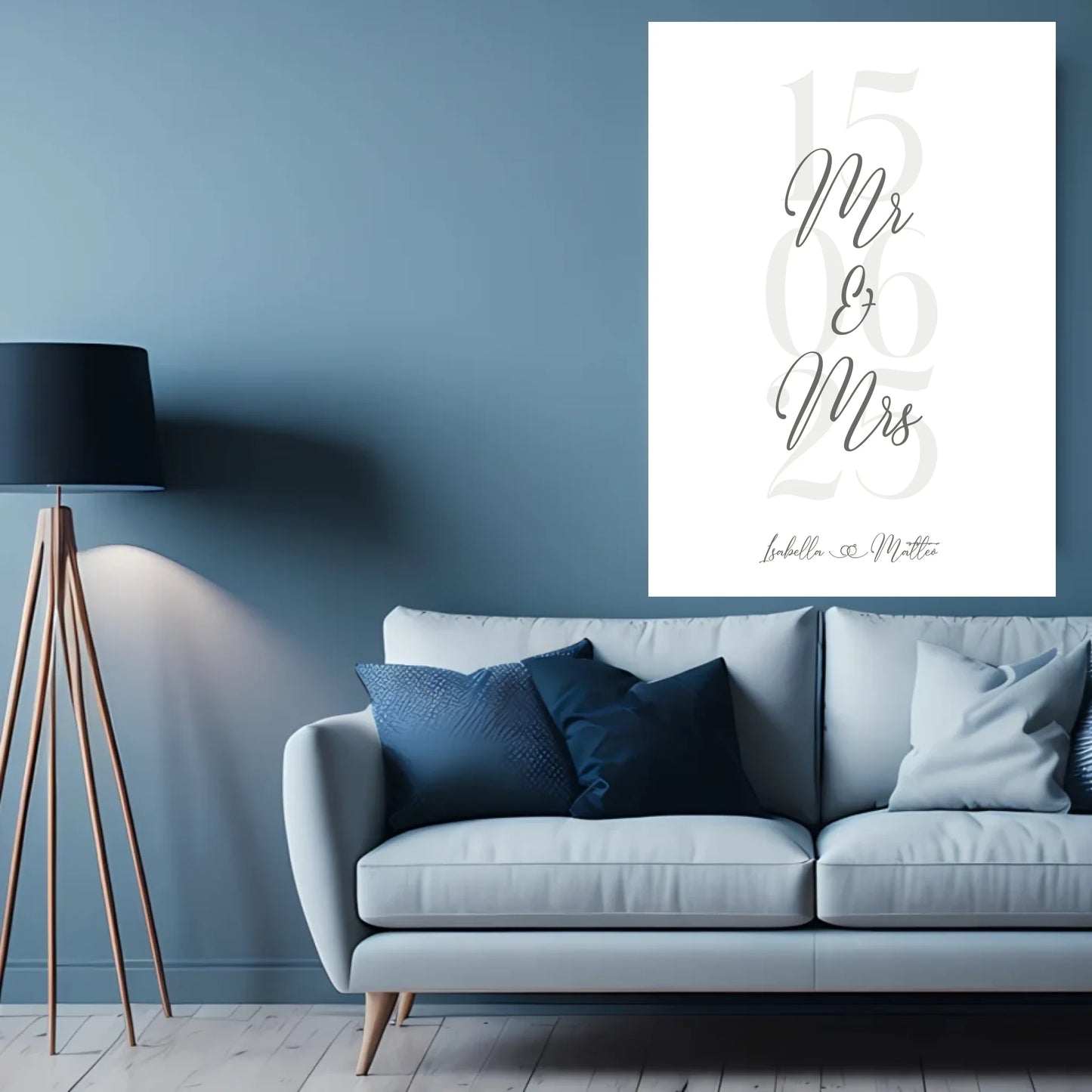 Personalisiertes Bild zur Hochzeit - mit Namen, Datum und Eheringe mit grau beige -