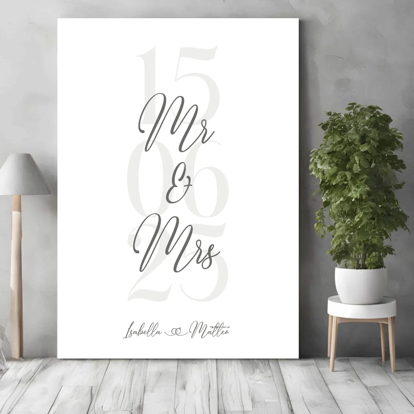 happy-prints.eu - Personalisiertes Bild zur Hochzeit - mit Namen, Datum und Eheringe mit grau beige