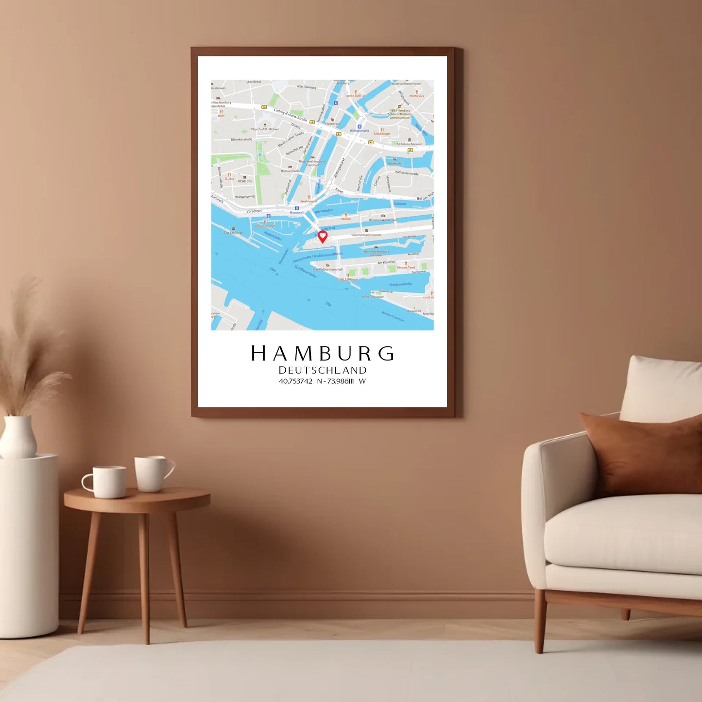 Personalisierte Straßenkarte mit Stadt, Land und Koordinaten -