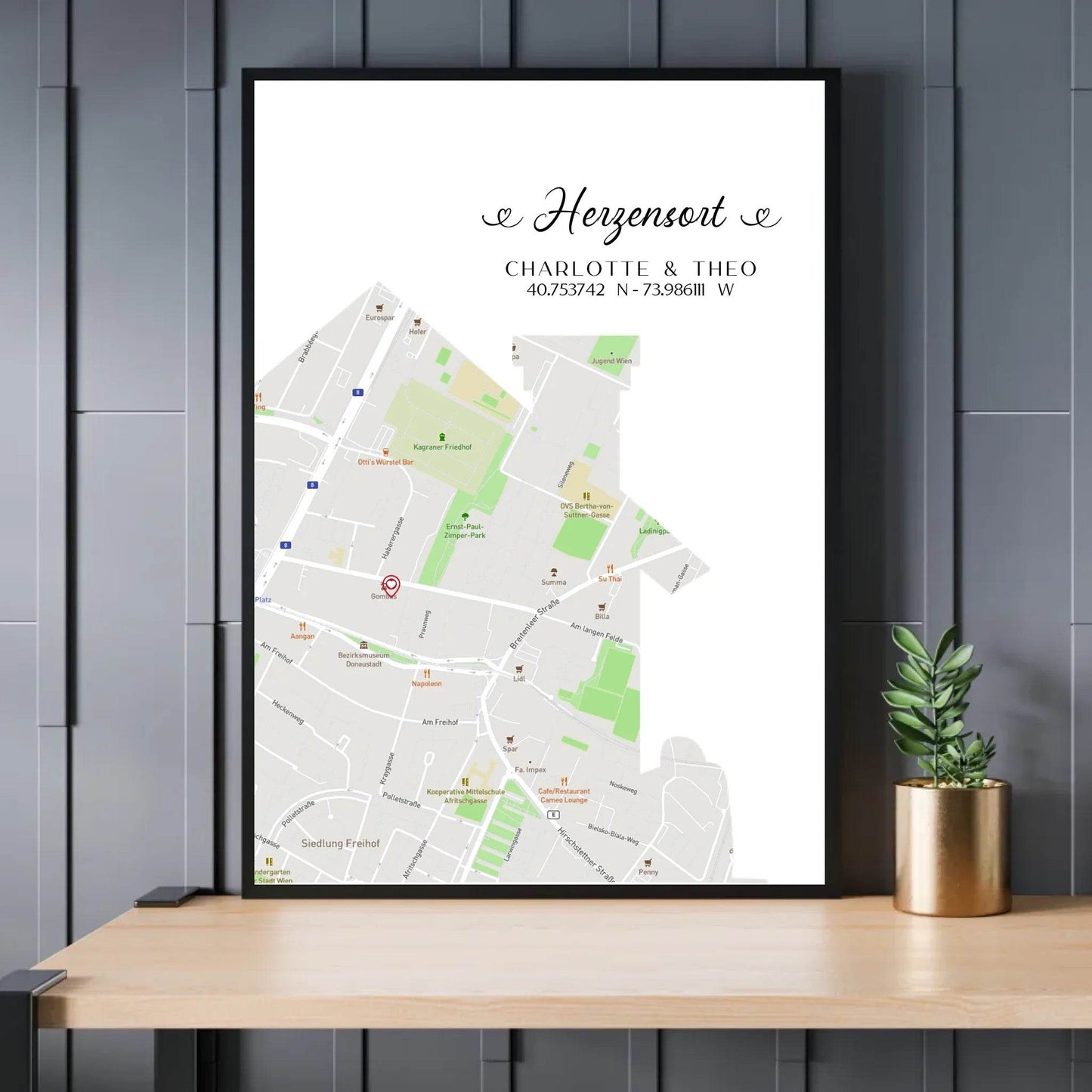 happy-prints.eu - Personalisierte Straßenkarte mit Haus - Herzensort - mit Spruch, Namen und Koordinaten