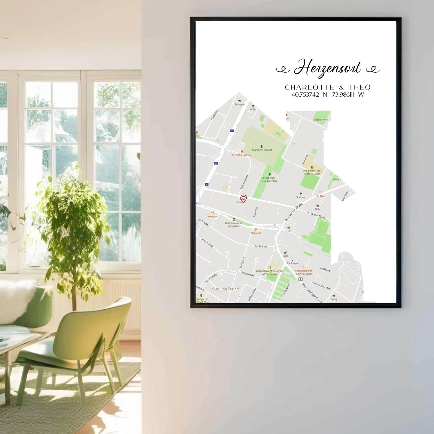 happy-prints.eu - Personalisierte Straßenkarte mit Haus - Herzensort - mit Spruch, Namen und Koordinaten