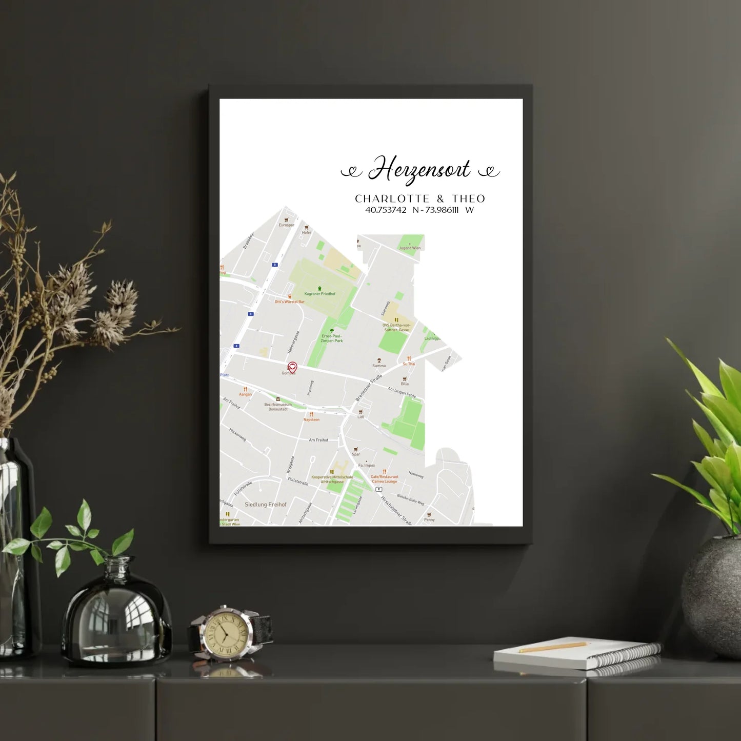 Personalisierte Straßenkarte mit Haus - Herzensort - mit Spruch, Namen und Koordinaten -