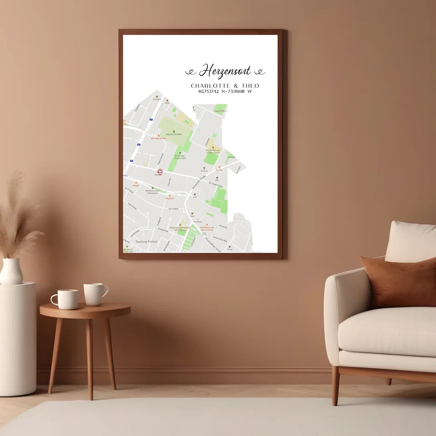 Personalisierte Straßenkarte mit Haus - Herzensort - mit Spruch, Namen und Koordinaten -